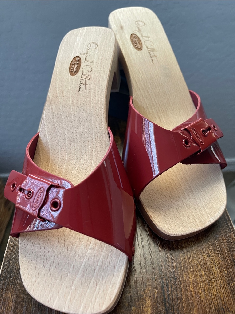 Dr Scholls  Patent Red Buckle Slide Mules